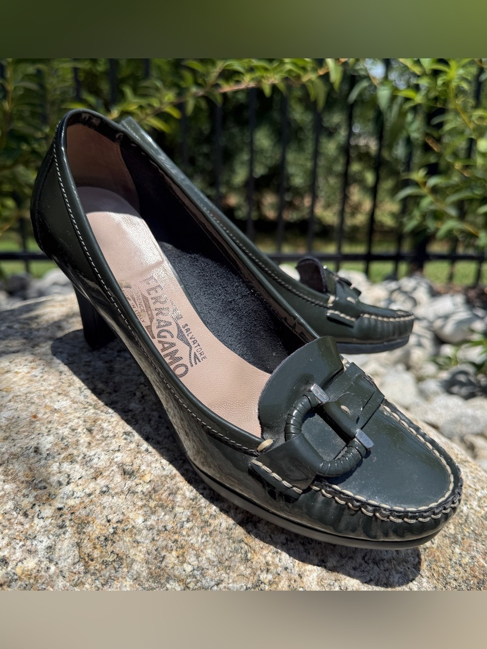 Salvatore Ferragamo Gancini Patent Leather Pumps Forest Green Italy Heels 7 Luxe